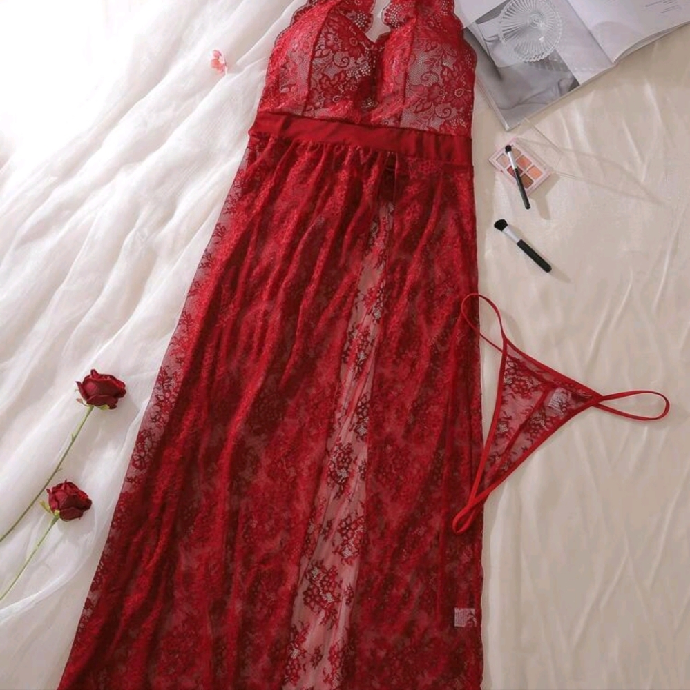 Lace Halter Lingerie Set in Red